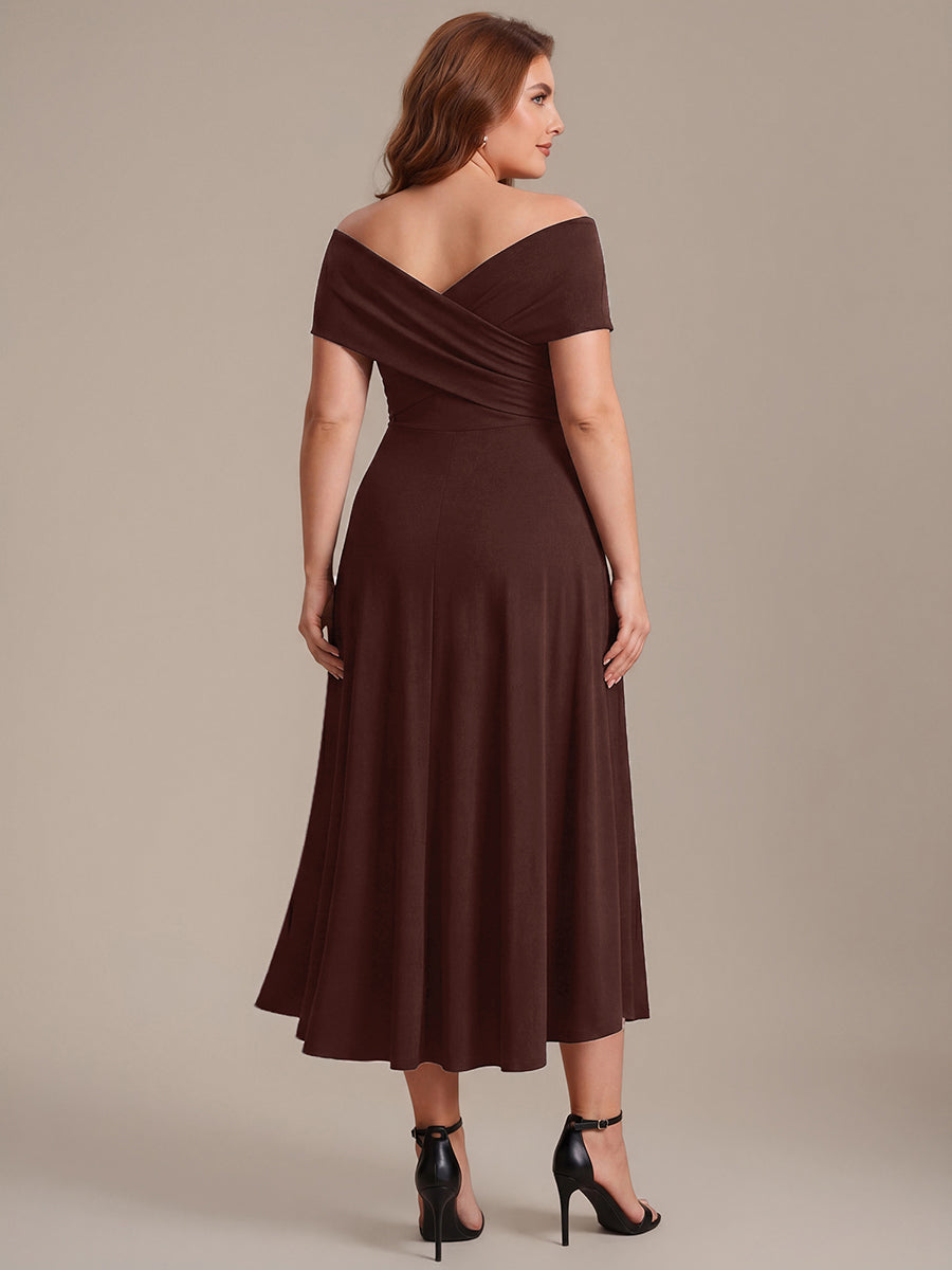 Color=Chocolate Brown | Wholesale Pricing Off-the-Shoulder Sleeveless High Stretch A-Line V-Neck Wedding Guest Dresses-Chocolate Brown 17