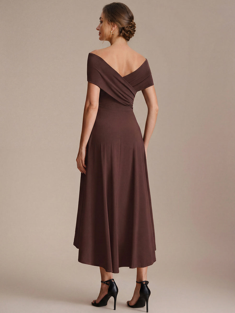 Color=Chocolate Brown | Wholesale Pricing Off-the-Shoulder Sleeveless High Stretch A-Line V-Neck Wedding Guest Dresses-Chocolate Brown 12