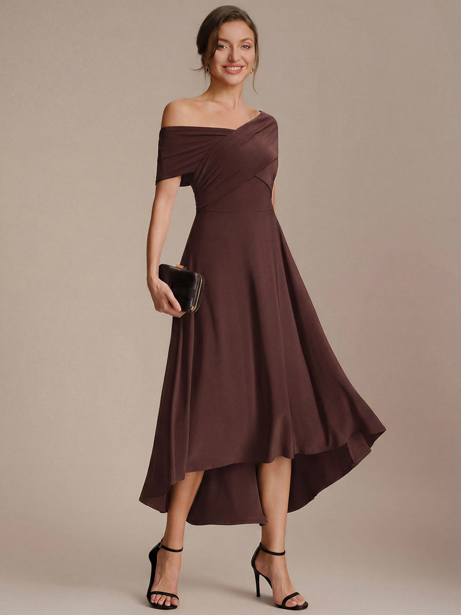 Color=Chocolate Brown | Wholesale Pricing Off-the-Shoulder Sleeveless High Stretch A-Line V-Neck Wedding Guest Dresses-Chocolate Brown 13