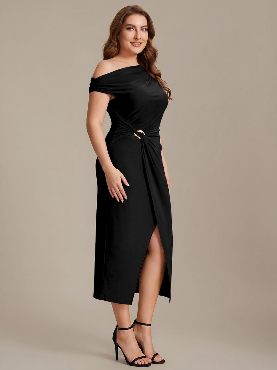 Color=Black | One Stop Shop Short Sleeves Off Shoulder Bodycon High Stretch Midi Wedding Guest Dresses-Black 9