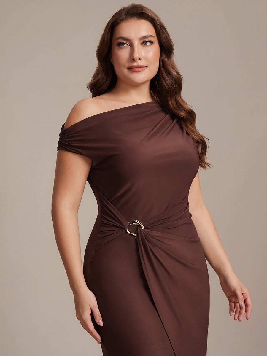 Color=Chocolate Brown | One Stop Shop Short Sleeves Off Shoulder Bodycon High Stretch Midi Wedding Guest Dresses-Chocolate Brown 18