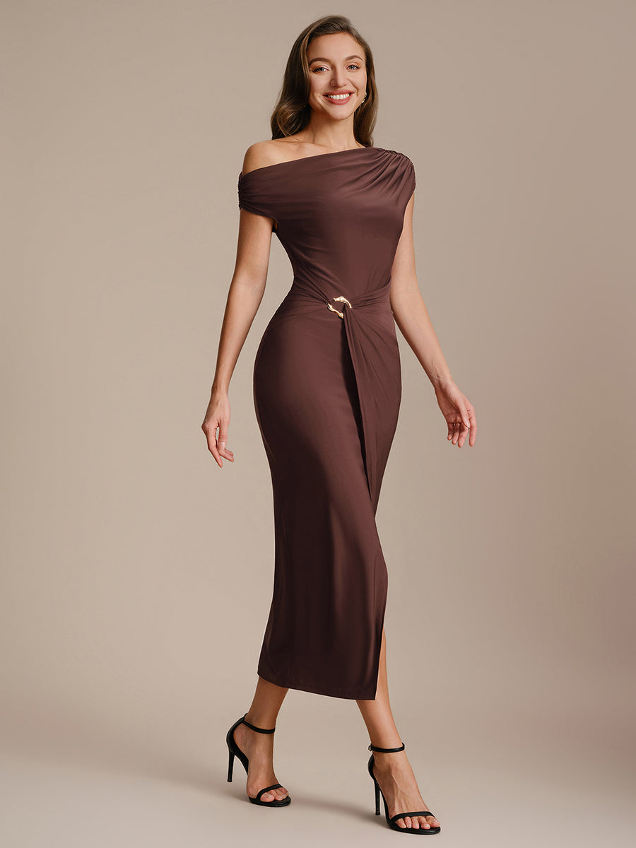 Color=Chocolate Brown | One Stop Shop Short Sleeves Off Shoulder Bodycon High Stretch Midi Wedding Guest Dresses-Chocolate Brown 14