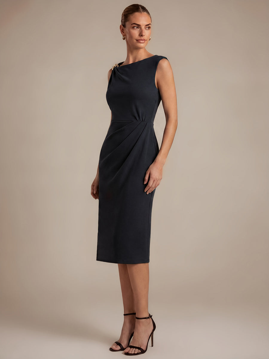 Color=Black | Asymmetric Neckline Crepe Midi Wedding Guest Dresses-Black 9