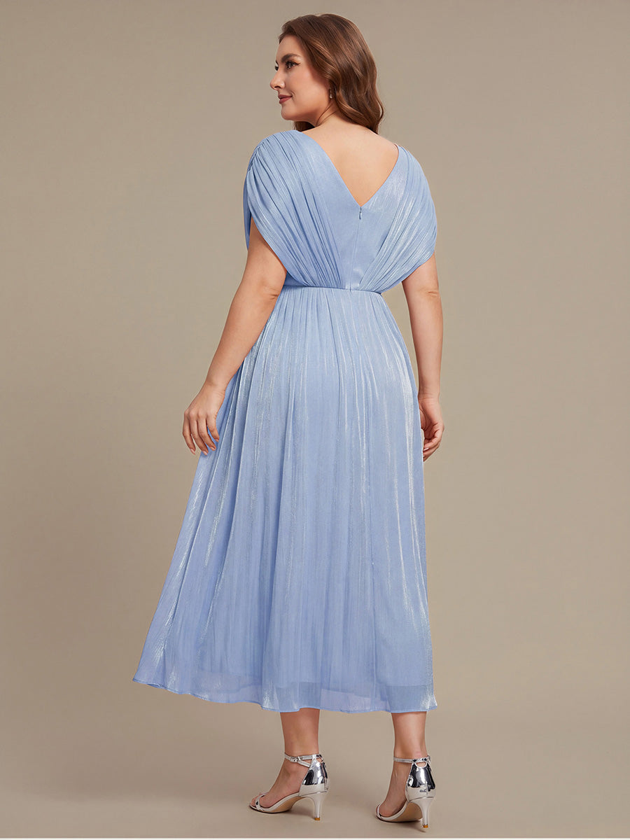 Color=Dusty Blue | Volume Discounts Short Sleeve V-Neck A-Line Tea Length Rhinestone Wedding Guest Dresses-Dusty Blue 7