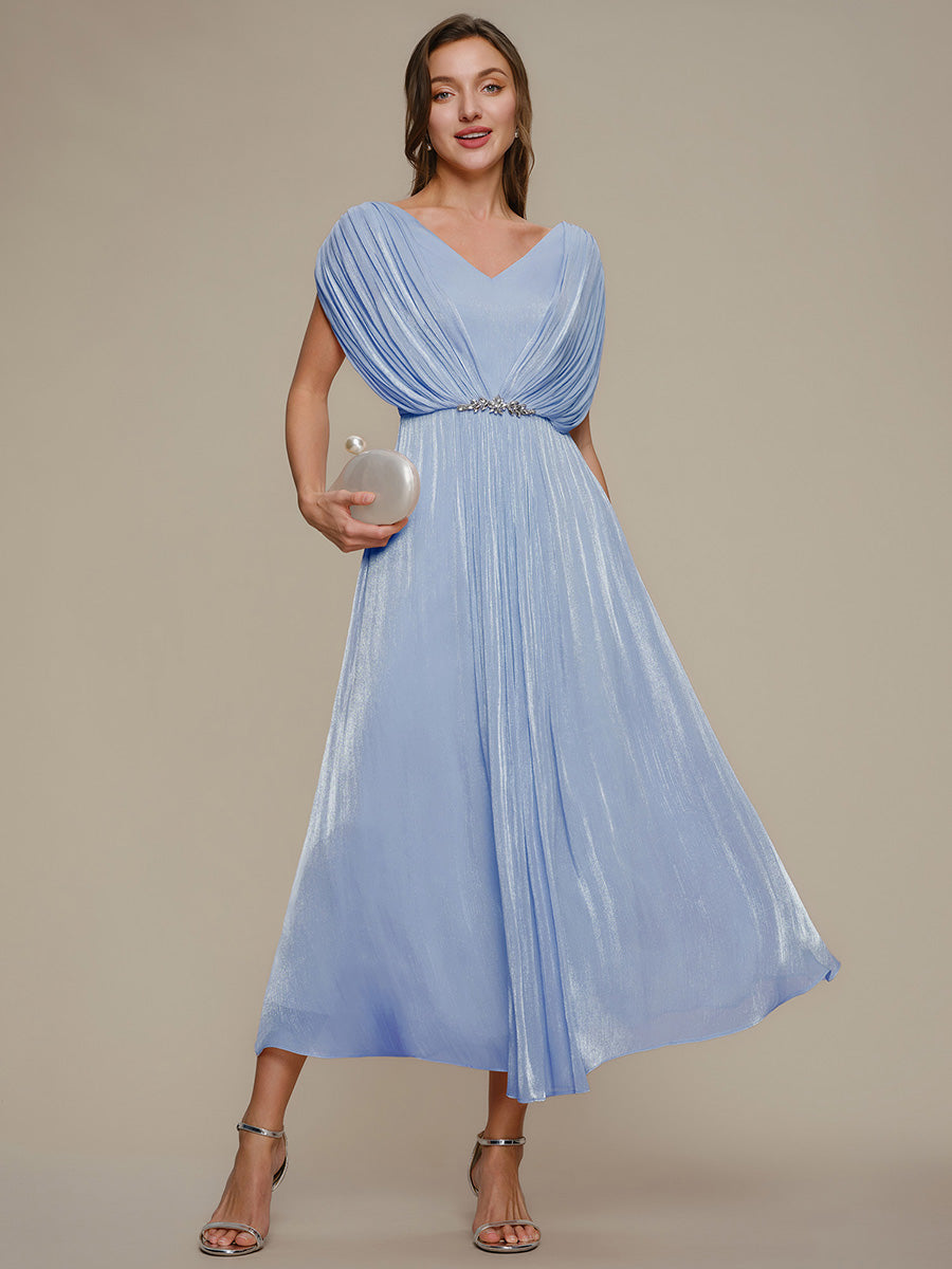 Tea Length A-Line V-Neck Short Sleeve Rhinestone Wedding Guest Dress