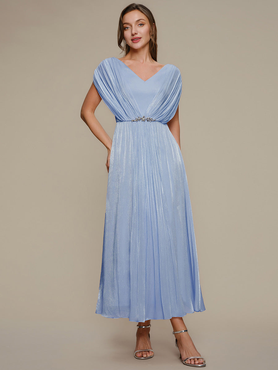 Color=Dusty Blue | Volume Discounts Short Sleeve V-Neck A-Line Tea Length Rhinestone Wedding Guest Dresses-Dusty Blue 4