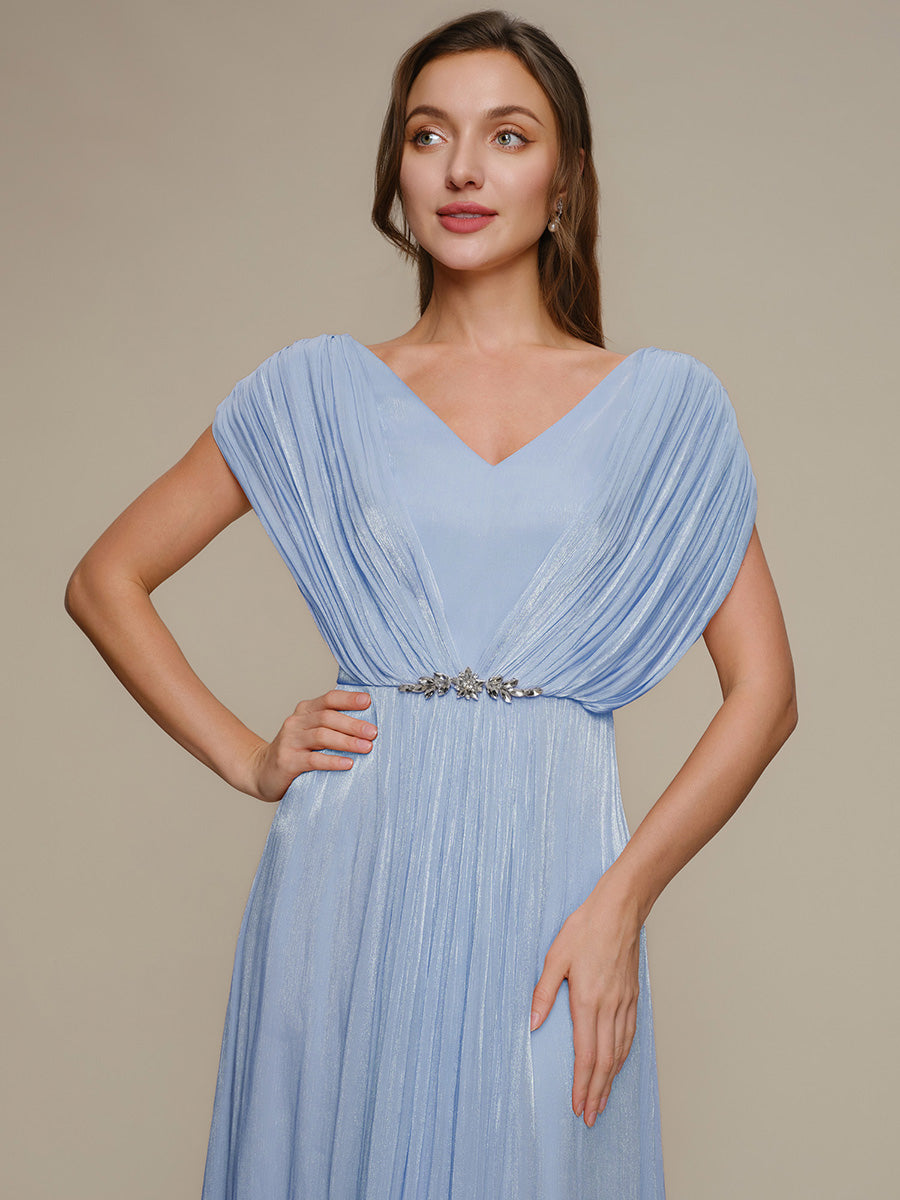 Color=Dusty Blue | Volume Discounts Short Sleeve V-Neck A-Line Tea Length Rhinestone Wedding Guest Dresses-Dusty Blue 3
