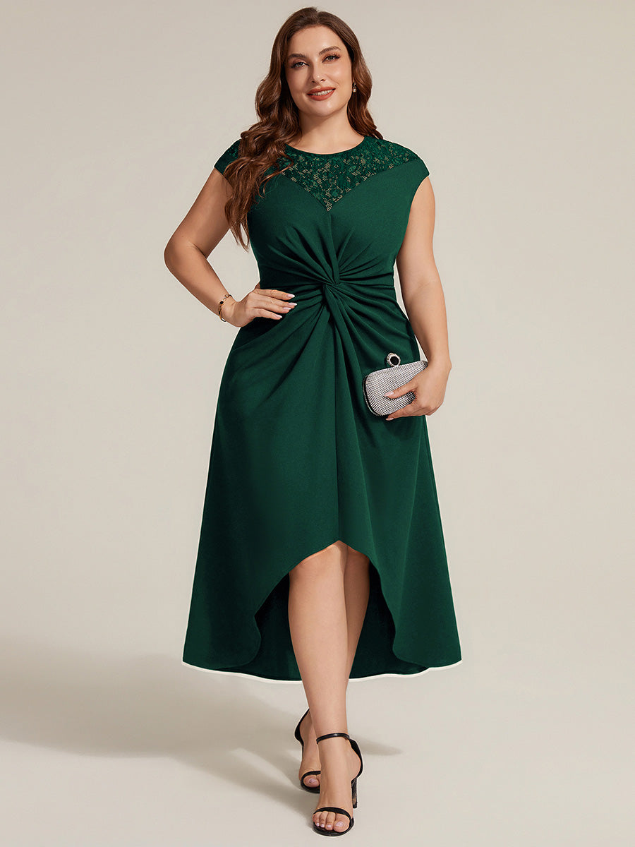 Color=Dark Green | Volume Discounts Short Sleeve High Stretch A-Line High-Low Wedding Guest Dress with Knot Detail & Sequins-Dark Green 6