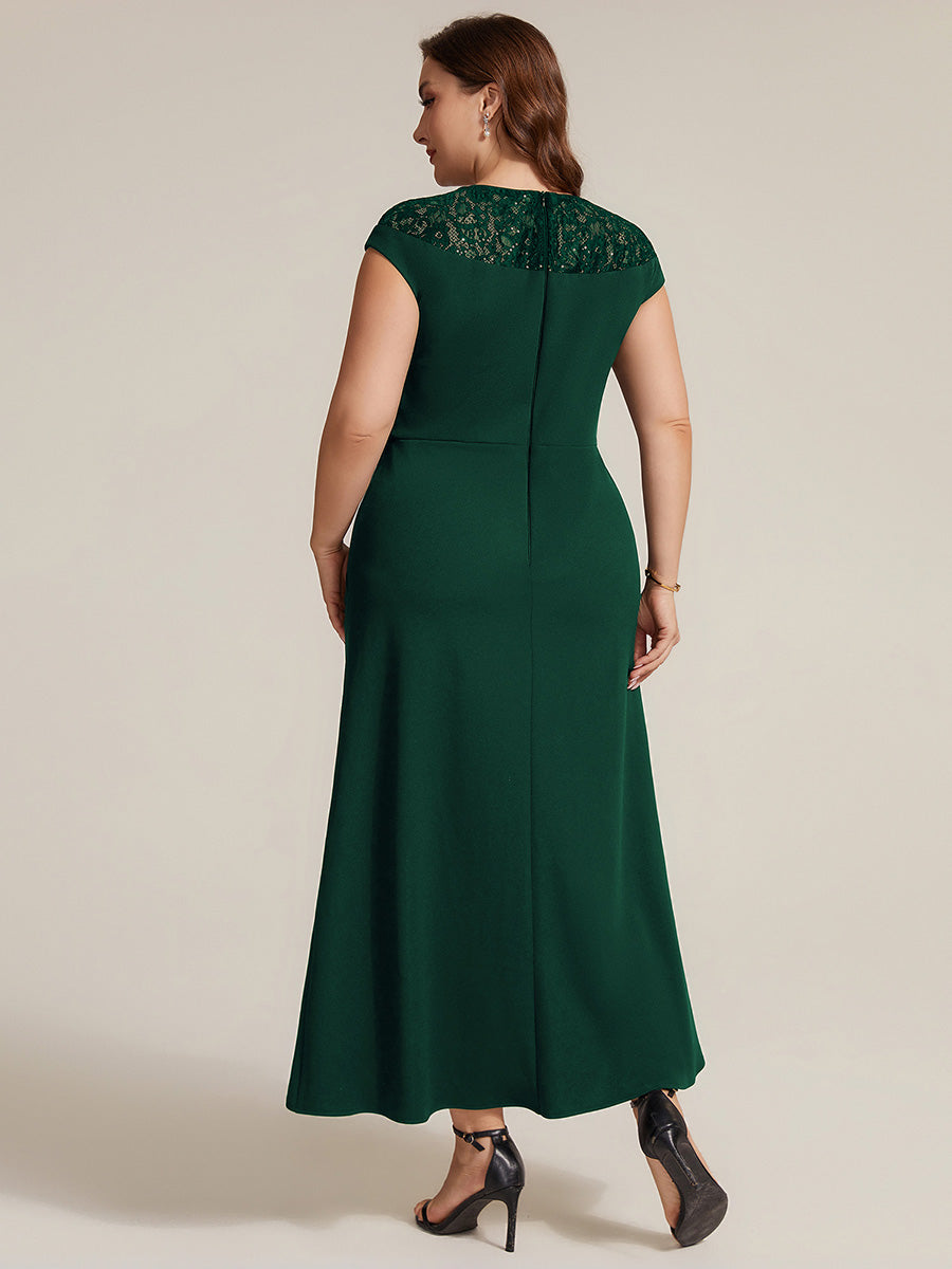 Color=Dark Green | Volume Discounts Short Sleeve High Stretch A-Line High-Low Wedding Guest Dress with Knot Detail & Sequins-Dark Green 7