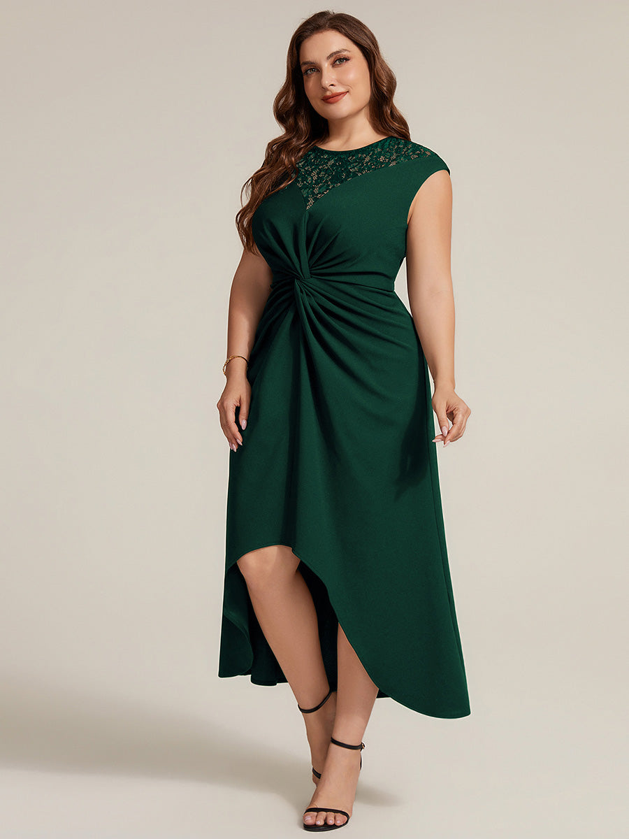 Color=Dark Green | Volume Discounts Short Sleeve High Stretch A-Line High-Low Wedding Guest Dress with Knot Detail & Sequins-Dark Green 9