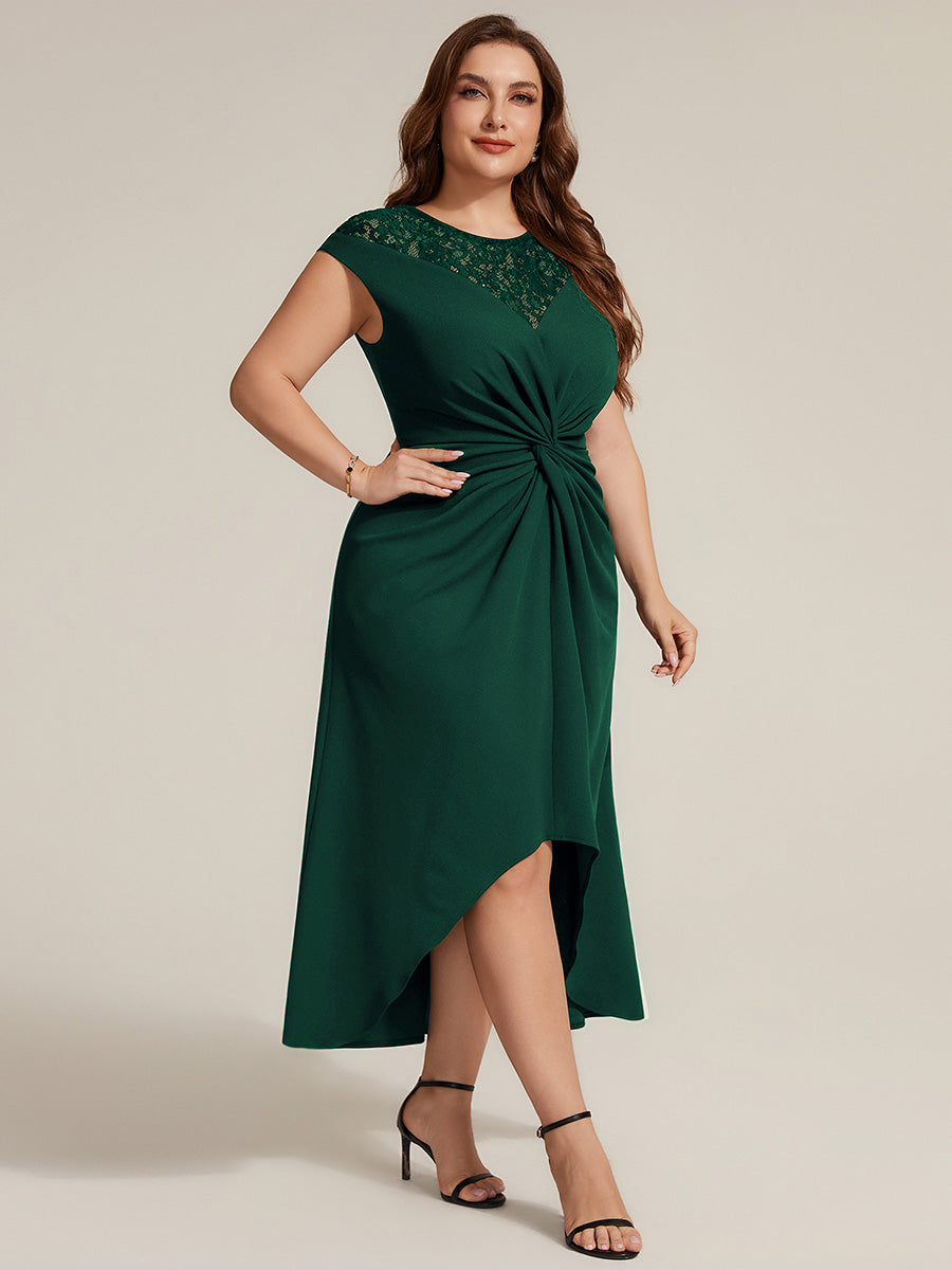 Color=Dark Green | Volume Discounts Short Sleeve High Stretch A-Line High-Low Wedding Guest Dress with Knot Detail & Sequins-Dark Green 10