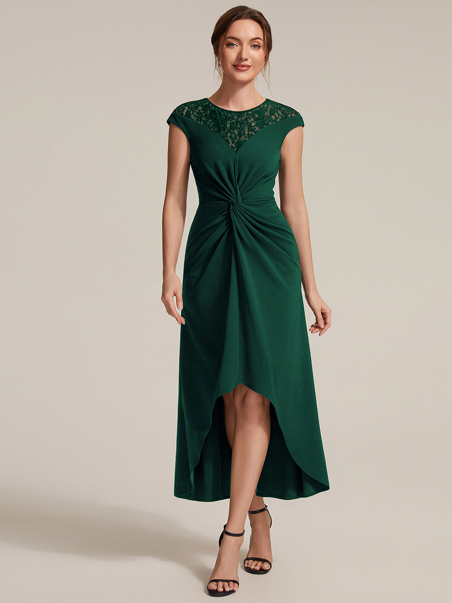 Color=Dark Green | Volume Discounts Short Sleeve High Stretch A-Line High-Low Wedding Guest Dress with Knot Detail & Sequins-Dark Green 1