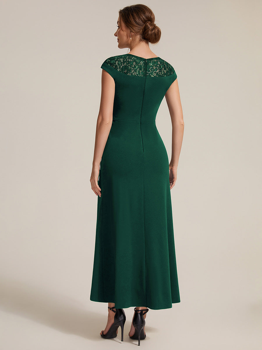 Color=Dark Green | Volume Discounts Short Sleeve High Stretch A-Line High-Low Wedding Guest Dress with Knot Detail & Sequins-Dark Green 2