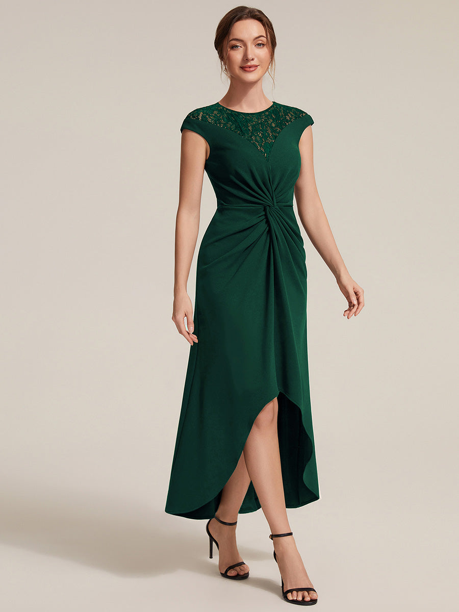Color=Dark Green | Volume Discounts Short Sleeve High Stretch A-Line High-Low Wedding Guest Dress with Knot Detail & Sequins-Dark Green 4