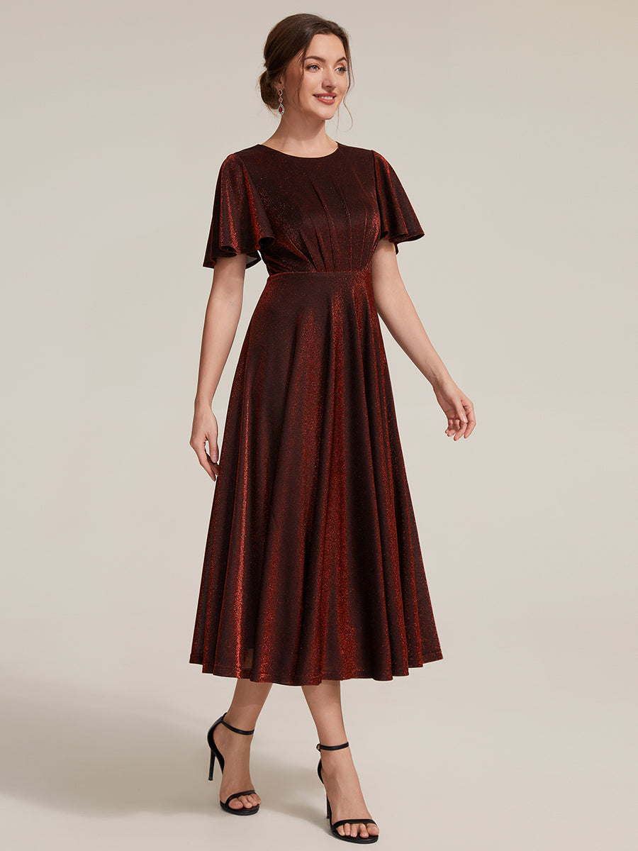 Color=Burgundy | Bulk Order Short Sleeve A-Line Midi Dress with 3D Draping | Wedding Guest Dresses-Burgundy 4