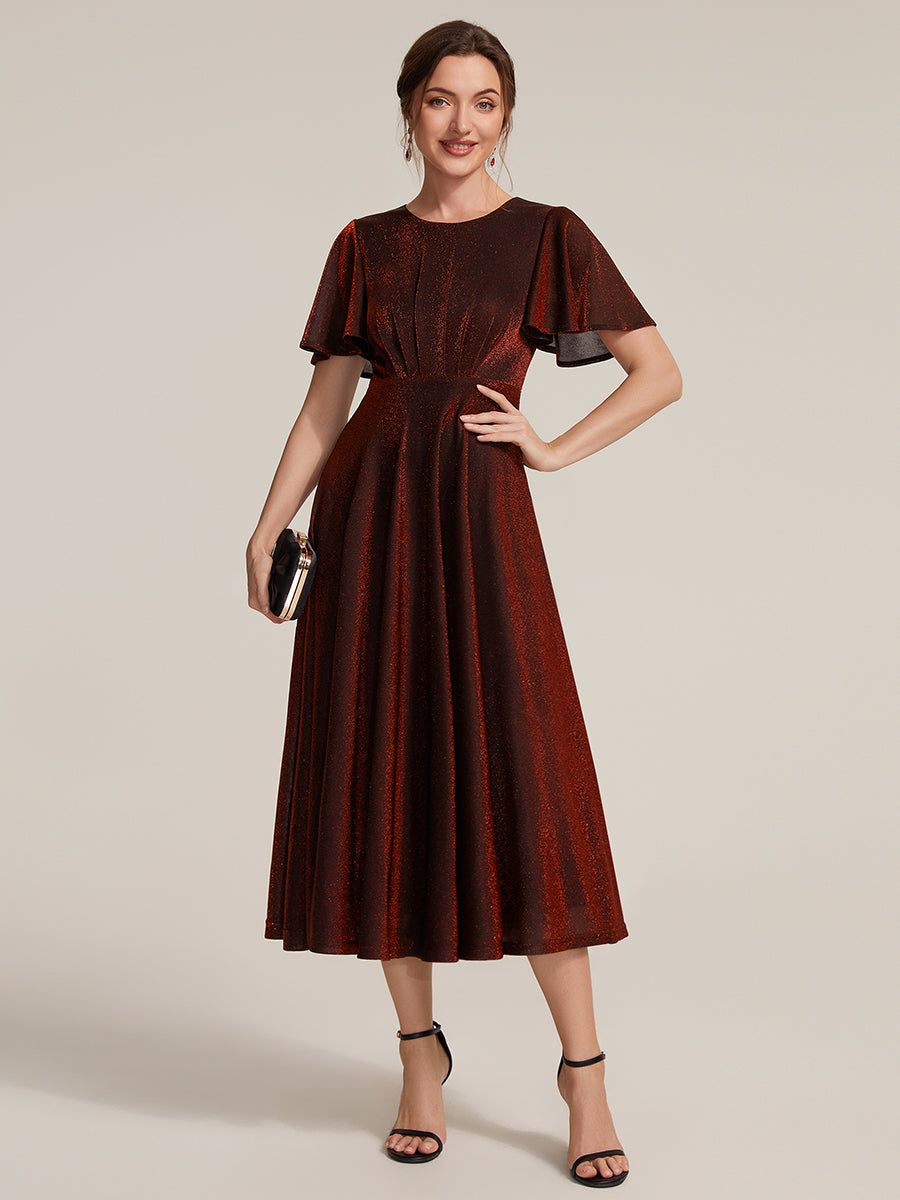 Color=Burgundy | Bulk Order Short Sleeve A-Line Midi Dress with 3D Draping | Wedding Guest Dresses-Burgundy 5