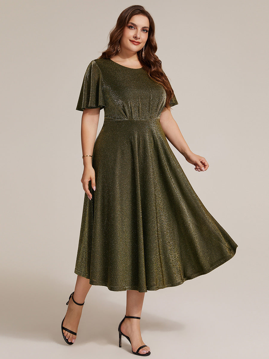 Color=Gold | Bulk Order Short Sleeve A-Line Midi Dress with 3D Draping | Wedding Guest Dresses-Gold 19