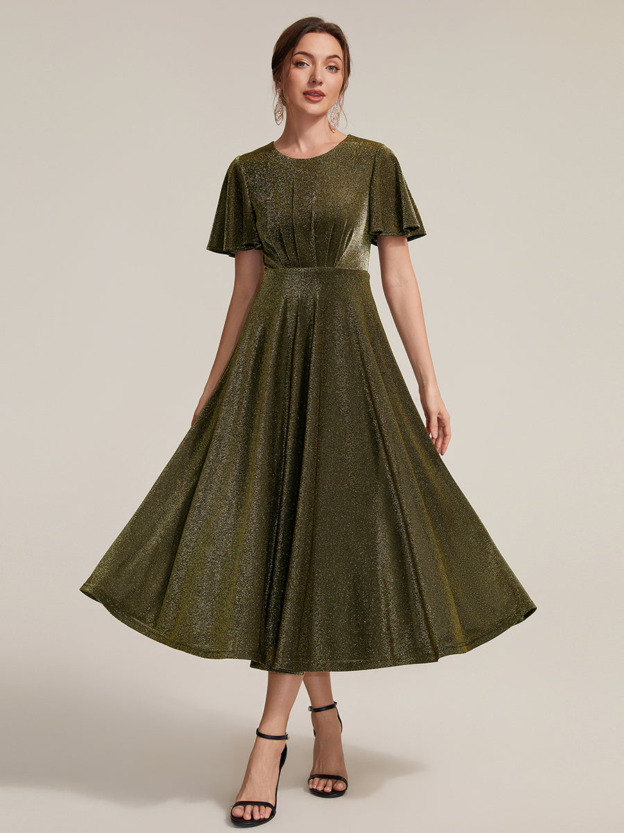 Color=Gold | Bulk Order Short Sleeve A-Line Midi Dress with 3D Draping | Wedding Guest Dresses-Gold 11
