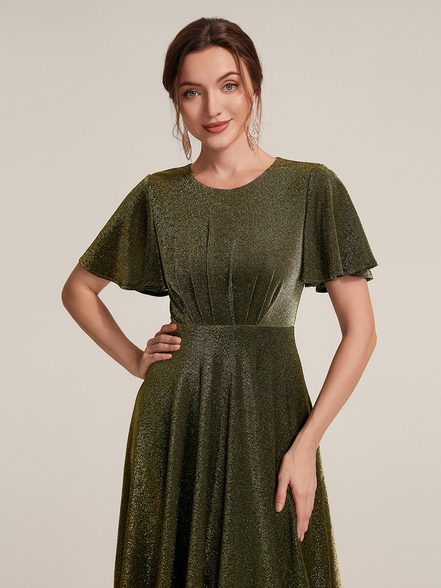 Color=Gold | Bulk Order Short Sleeve A-Line Midi Dress with 3D Draping | Wedding Guest Dresses-Gold 13