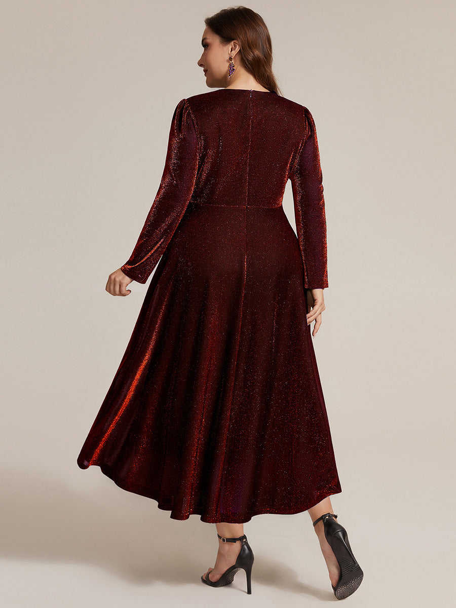 Color=Burgundy | Wholesale Pricing Long Sleeve High Stretch A-Line Tea Length Knot Detail Wedding Guest Dresses-Burgundy 7