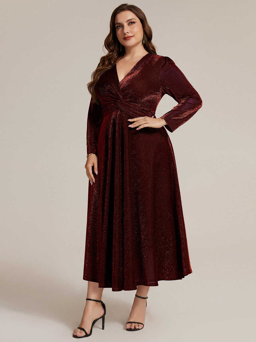 Color=Burgundy | Wholesale Pricing Long Sleeve High Stretch A-Line Tea Length Knot Detail Wedding Guest Dresses-Burgundy 9