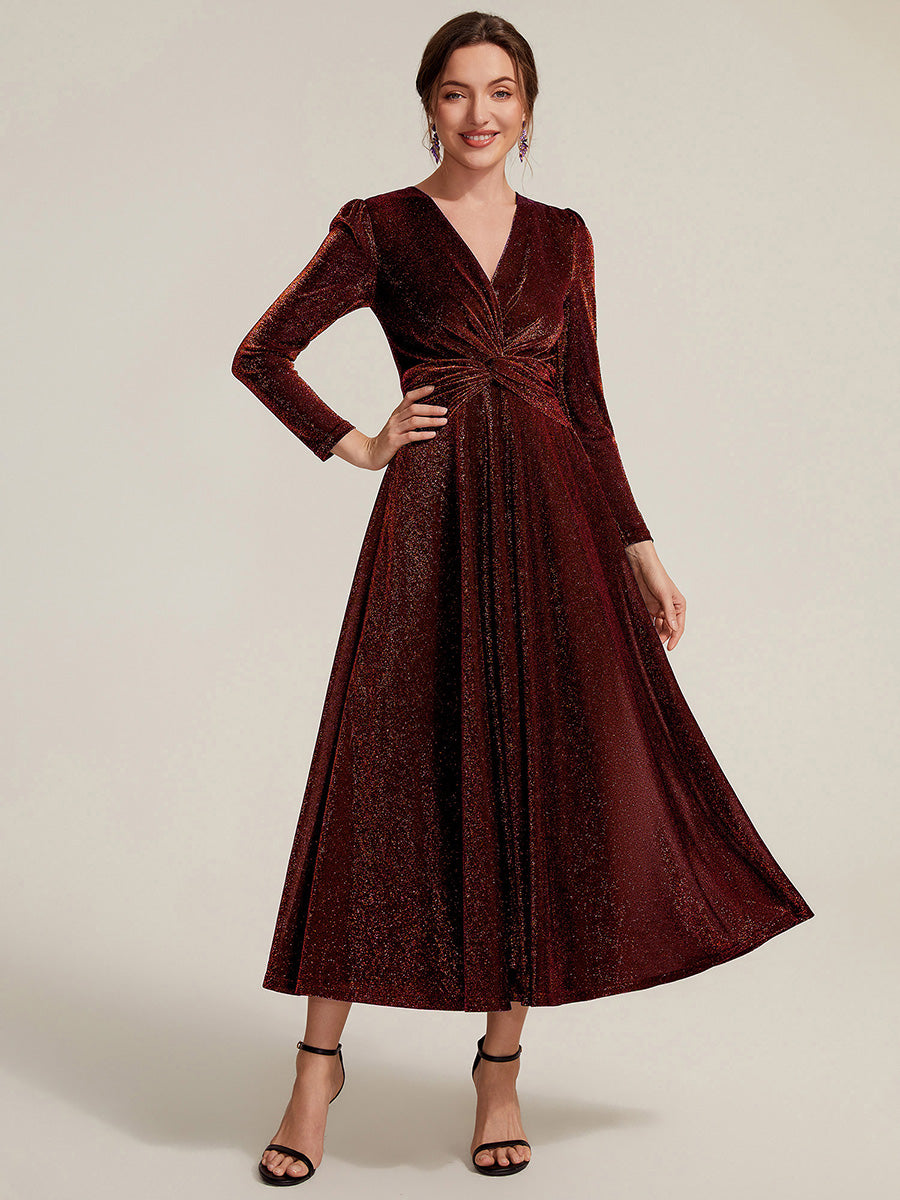 Color=Burgundy | Wholesale Pricing Long Sleeve High Stretch A-Line Tea Length Knot Detail Wedding Guest Dresses-Burgundy 1
