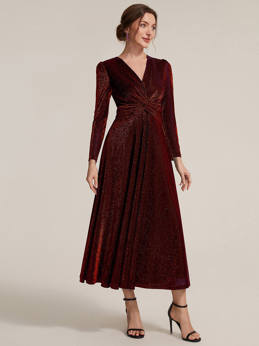 Color=Burgundy | Wholesale Pricing Long Sleeve High Stretch A-Line Tea Length Knot Detail Wedding Guest Dresses-Burgundy 4