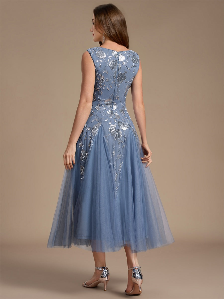 Color=Dusty Blue | Beading Sequins Sleeveless Midi Wedding Guest Dress - Dusty Blue 2