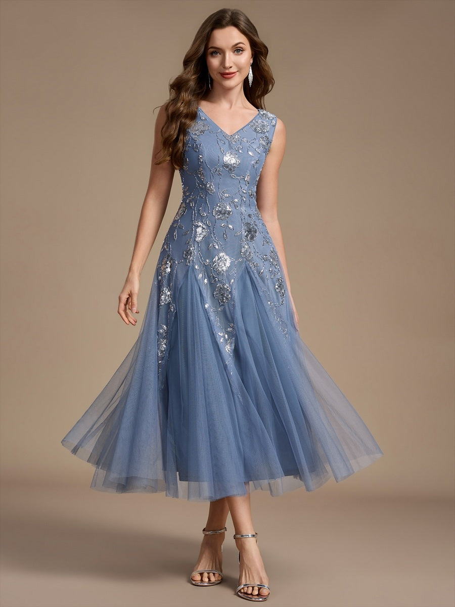 Color=Dusty Blue | Beading Sequins Sleeveless Midi Wedding Guest Dress - Dusty Blue 4