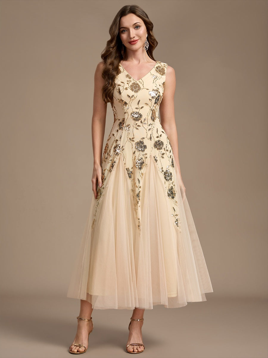 Color=Gold | Beading Sequins Sleeveless Midi Wedding Guest Dress - Gold 4