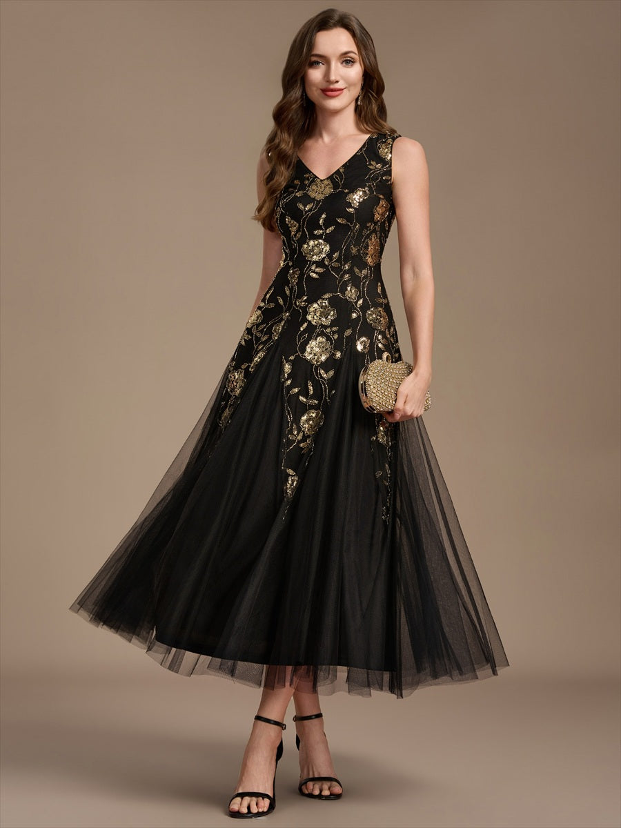 Color=Black Gold | Beading Sequins Sleeveless Midi Wedding Guest Dress - Black Gold 1