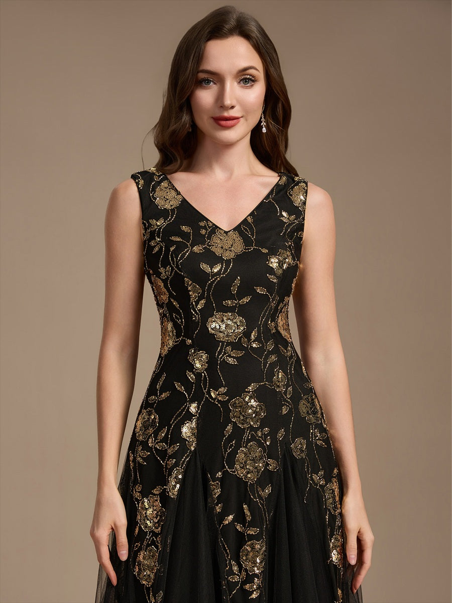 Color=Black Gold | Beading Sequins Sleeveless Midi Wedding Guest Dress - Black Gold 5
