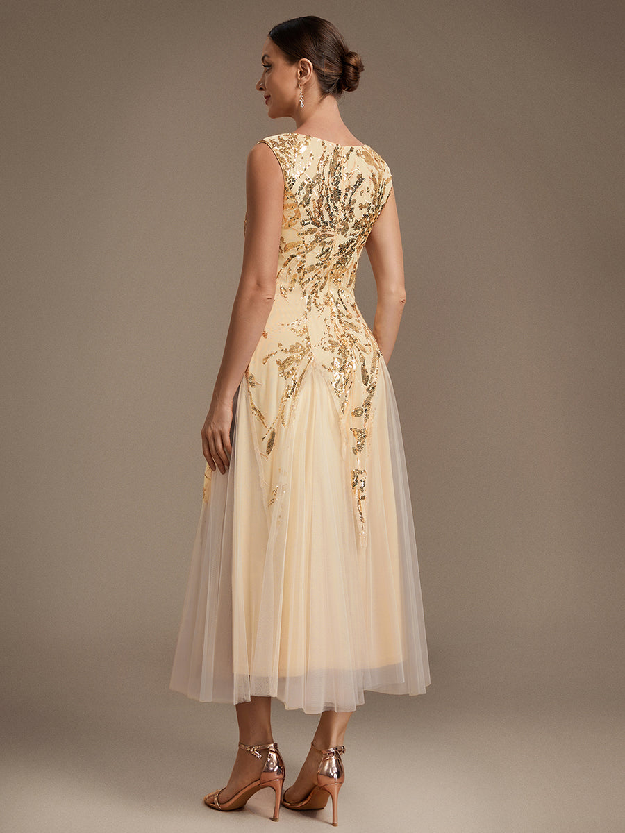 Color=Gold | Sleeveless Sequin Tea Length Wedding Guest Dresses - Gold 2