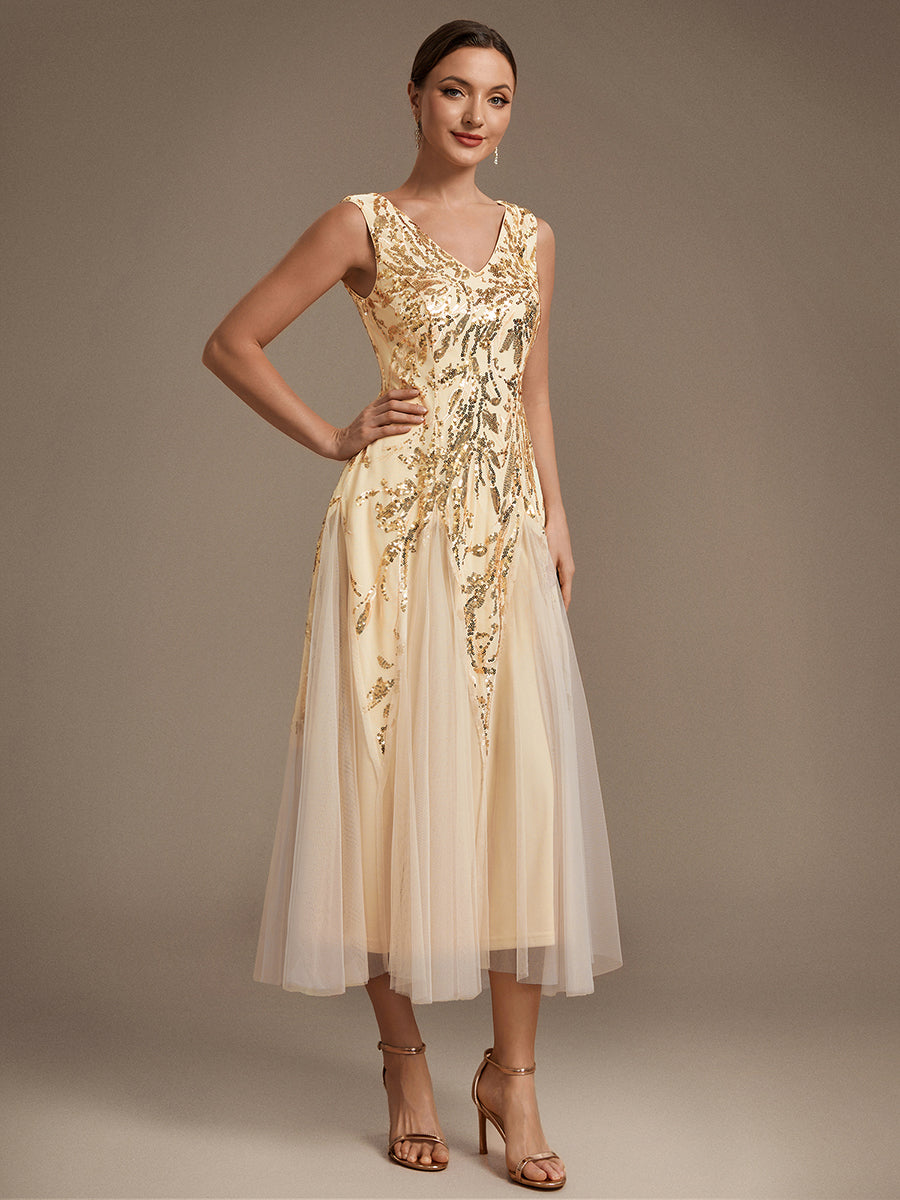 Color=Gold | Sleeveless Sequin Tea Length Wedding Guest Dresses - Gold 3