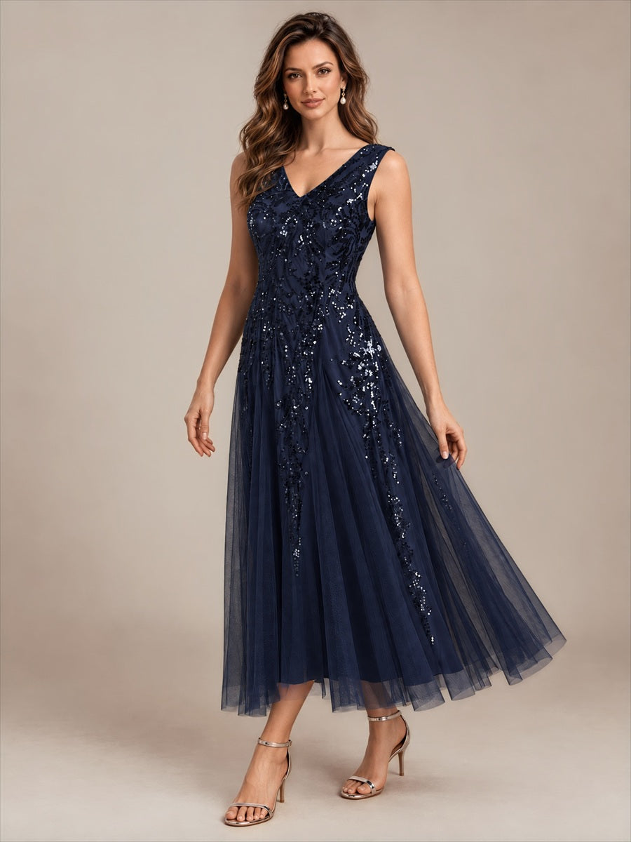 Color=Navy Blue | Sleeveless Sequin Tea Length Wedding Guest Dresses - Navy Blue 3