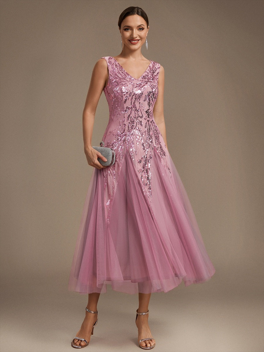 Color=Purple Orchid | Sleeveless Sequin Tea Length Wedding Guest Dresses - Purple Orchid 1
