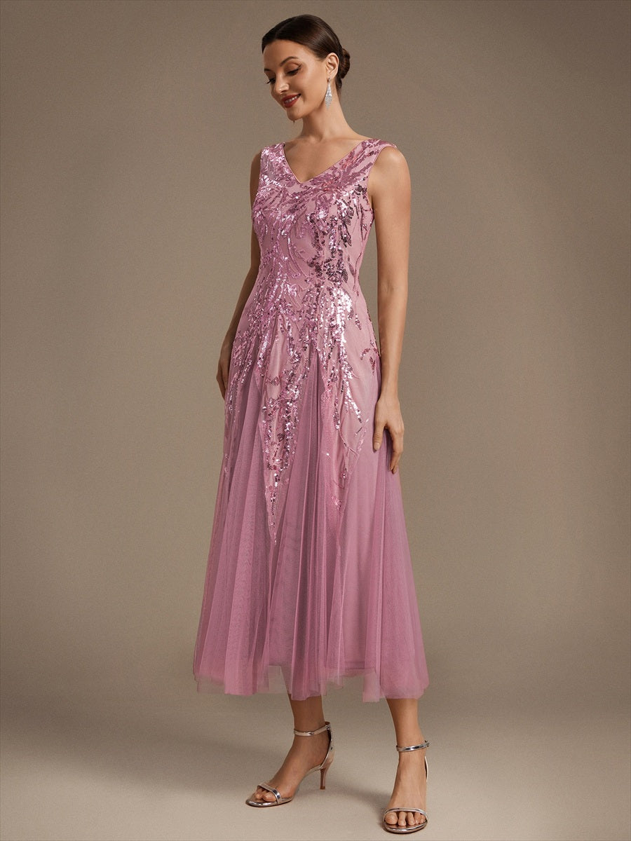 Color=Purple Orchid | Sleeveless Sequin Tea Length Wedding Guest Dresses - Purple Orchid 3