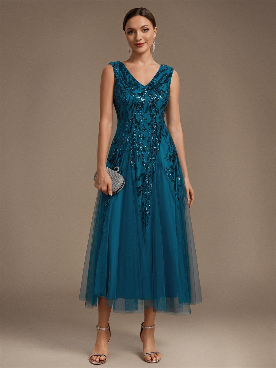 Color=Teal | Sleeveless Sequin Tea Length Wedding Guest Dresses - Teal 1
