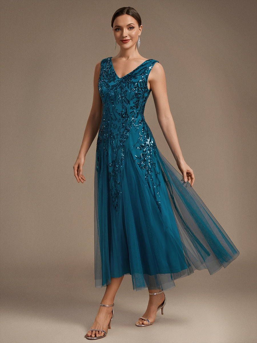 Color=Teal | Sleeveless Sequin Tea Length Wedding Guest Dresses - Teal 3