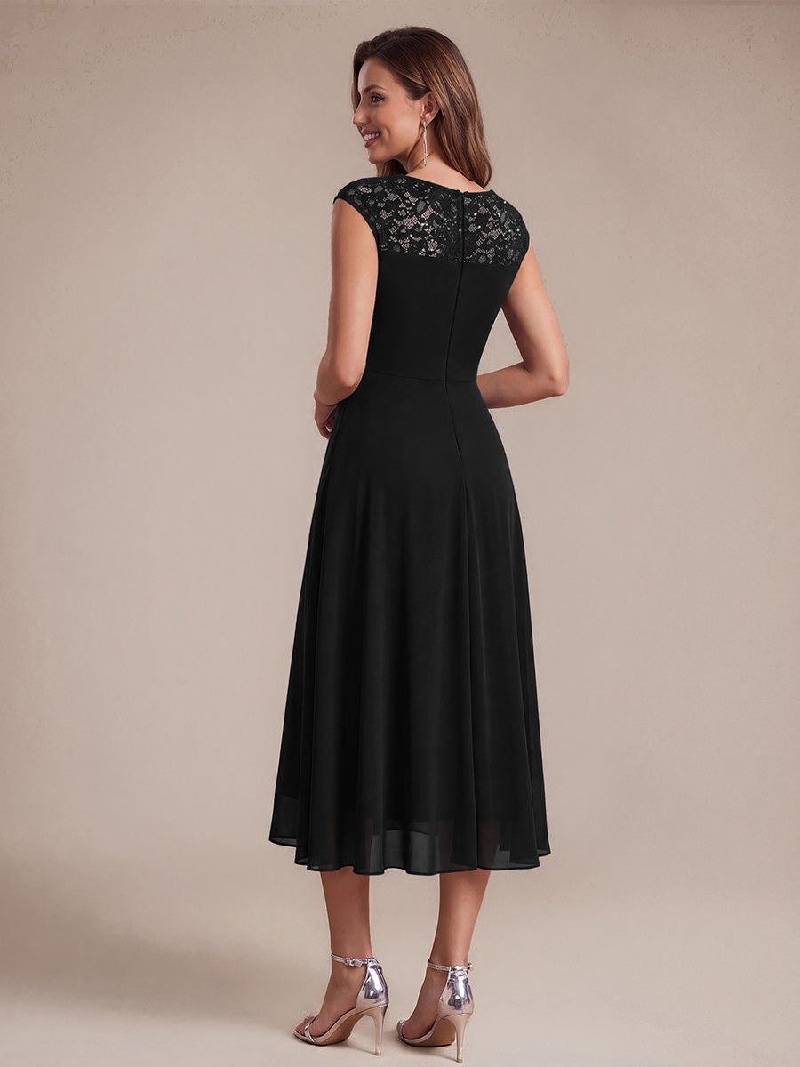 EG02867BK | Sleeveless Lace A-Line Tea Length Wedding Guest Dress