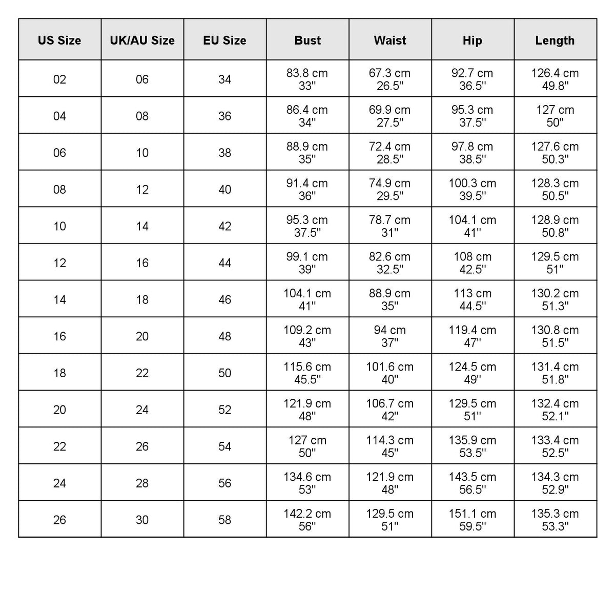 size chart