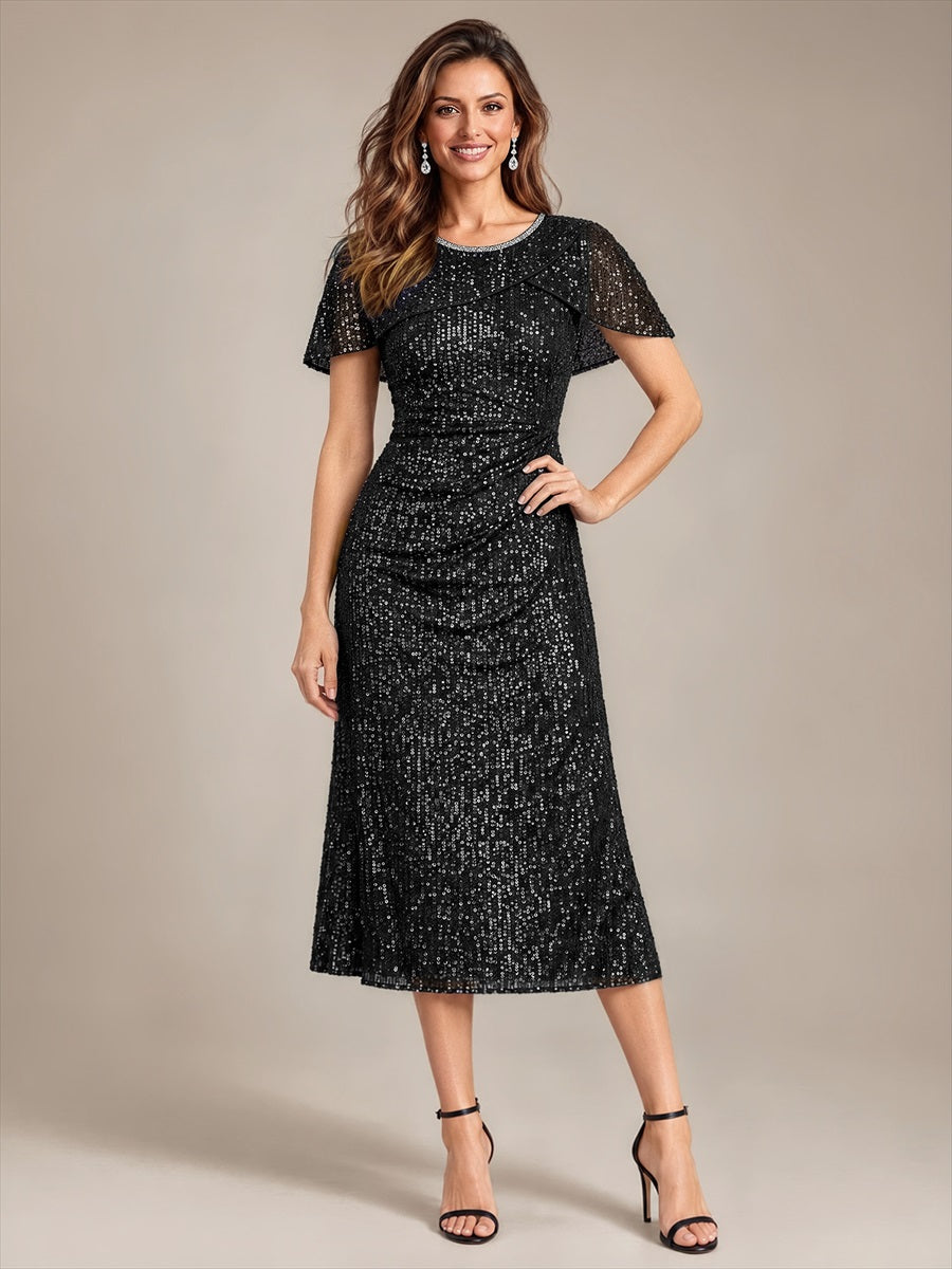 Color=Black|Wholesale Pricing Sequins Round Neck Wedding Guest Dresses-Black