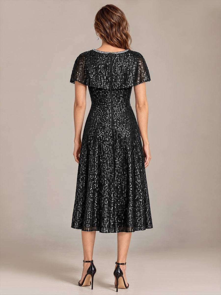 Color=Black|Wholesale Pricing Sequins Round Neck Wedding Guest Dresses-Black 2