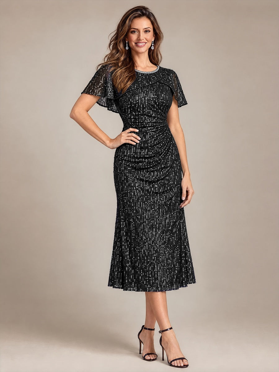 Color=Black|Wholesale Pricing Sequins Round Neck Wedding Guest Dresses-Black 3