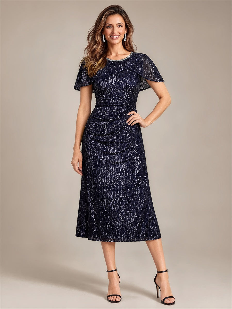 Color=Navy Blue|Wholesale Pricing Sequins Round Neck Wedding Guest Dresses-Navy Blue