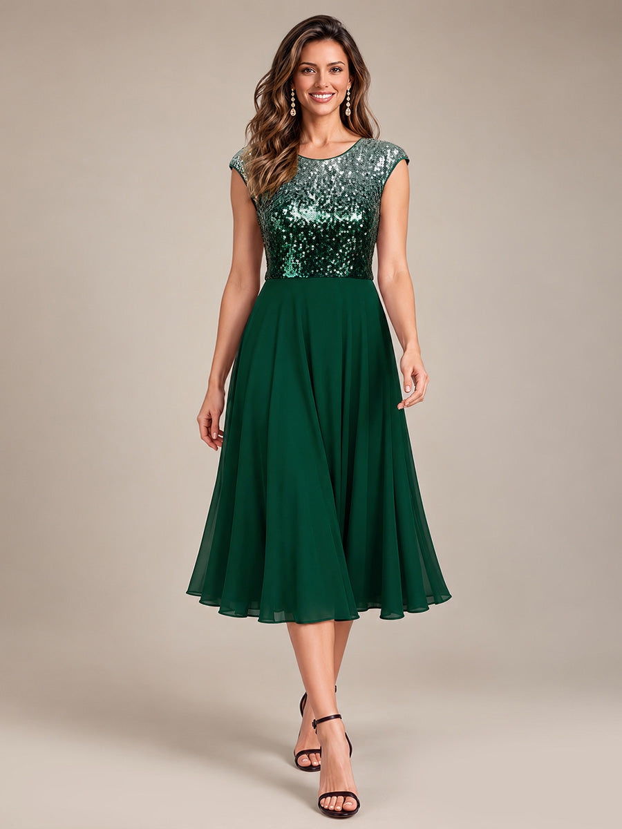 Color=Green Silver|Sequins Round Neckline Cap Sleeve Wedding Guest Dresses-Green Silver