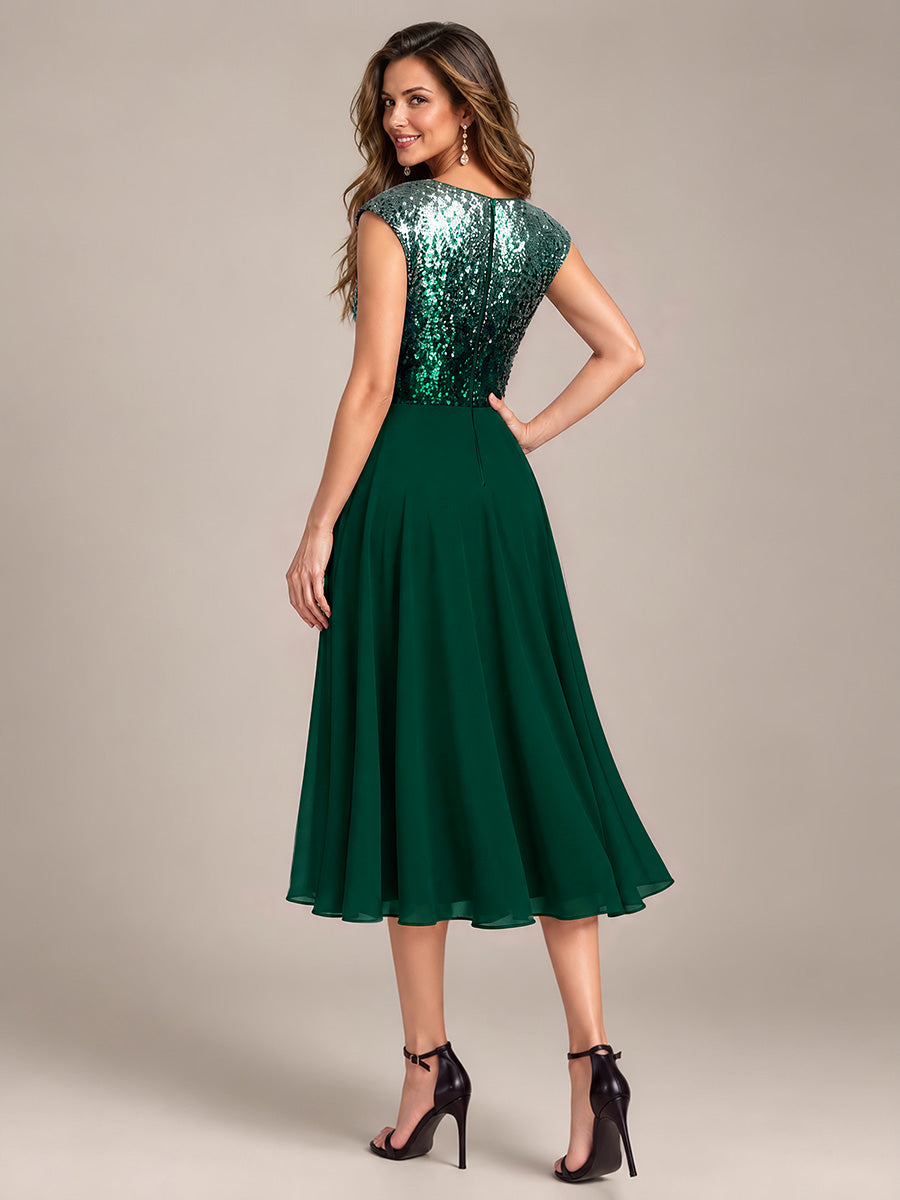 Color=Green Silver|Sequins Round Neckline Cap Sleeve Wedding Guest Dresses-Green Silver 2