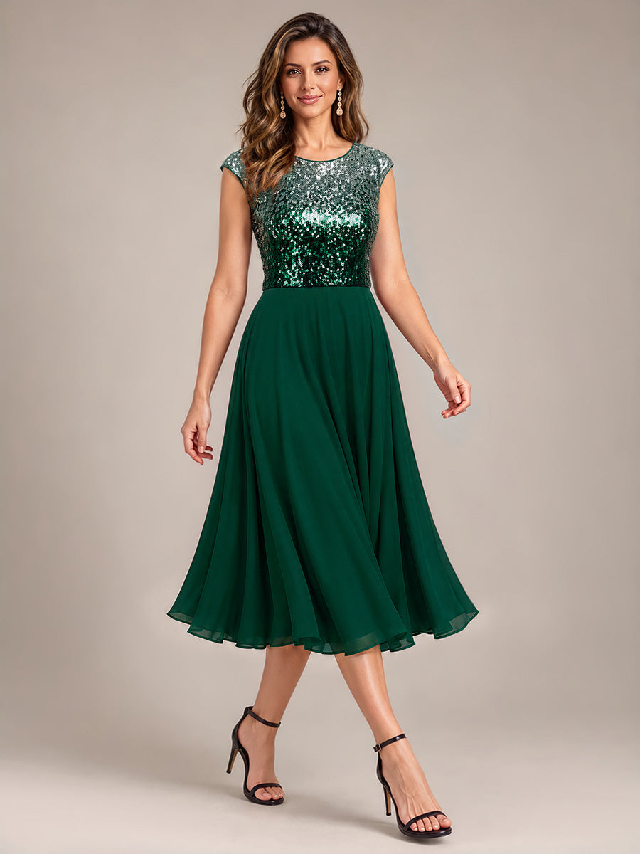 Color=Green Silver|Sequins Round Neckline Cap Sleeve Wedding Guest Dresses-Green Silver 3