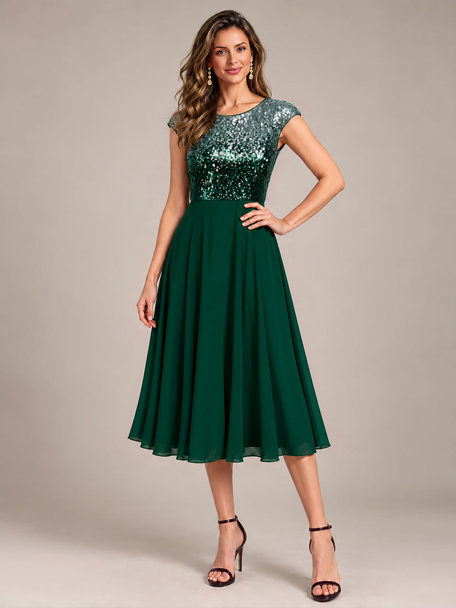 Color=Green Silver|Sequins Round Neckline Cap Sleeve Wedding Guest Dresses-Green Silver 4