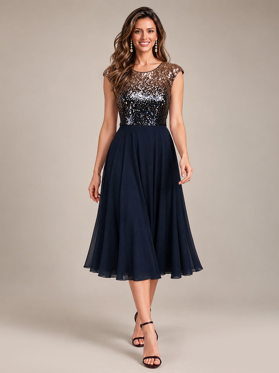 Color=Navy Champagne|Sequins Round Neckline Cap Sleeve Wedding Guest Dresses-Navy Champagne